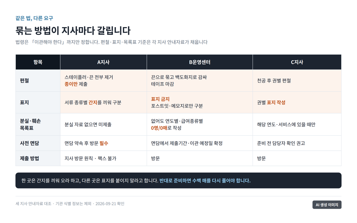 편철·표지·목록표·면담 네 항목에서 세 지사의 요구가 갈리는 비교 도표