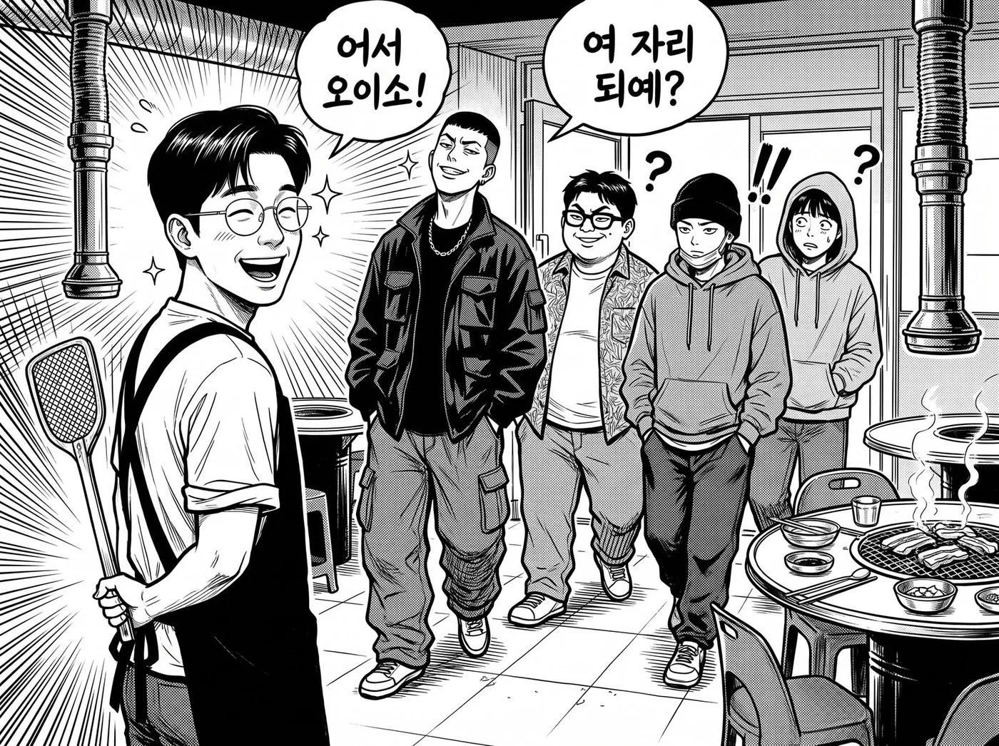 문이 열리고 청년 넷이 들어오자 정우진이 파리채를 든 채 반색하며 맞는다 — 어서 오이소