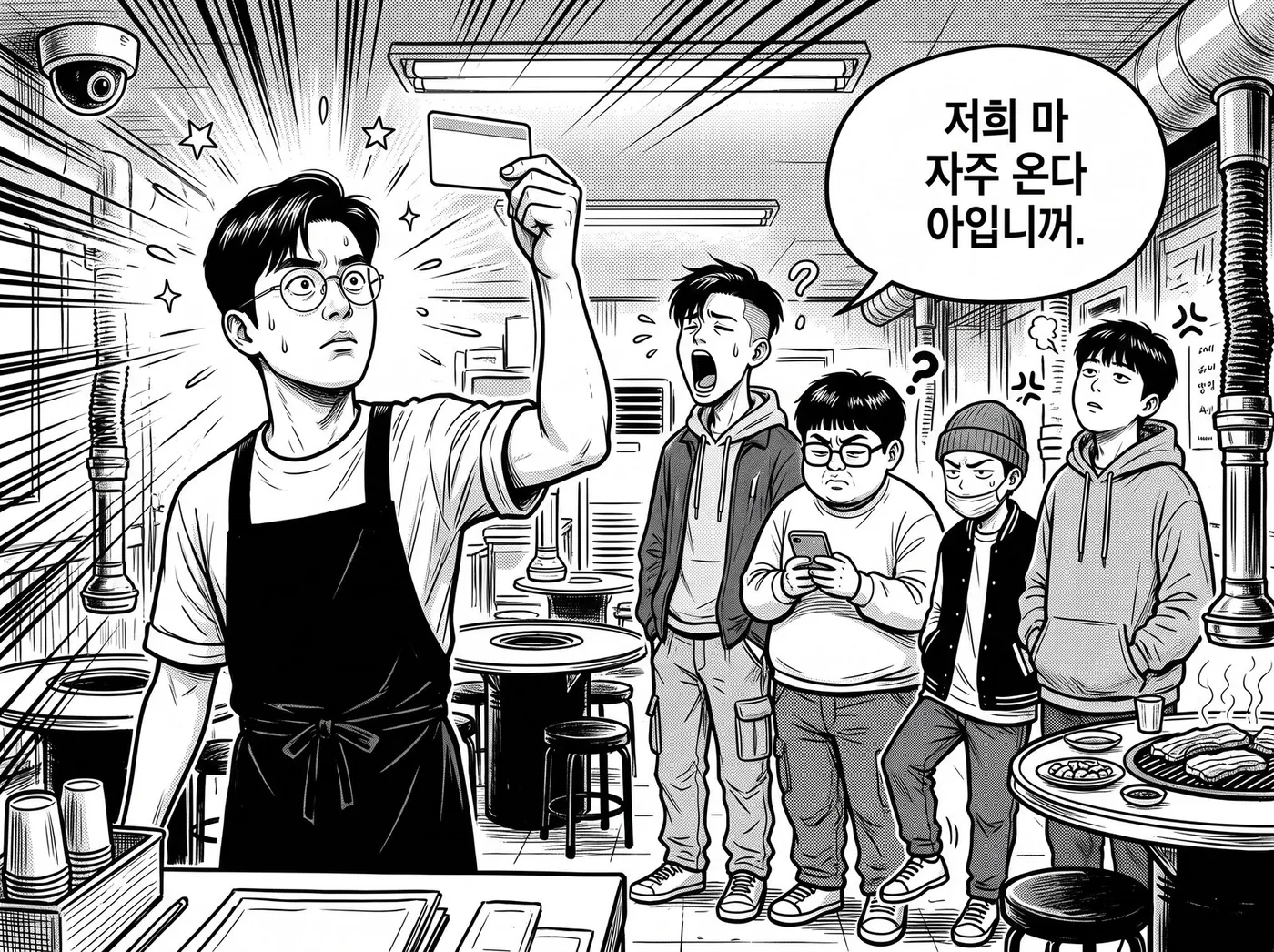 정우진이 신분증을 불빛에 비춰 확인하고 있다. 천장 모서리에 CCTV가 달려 있다
