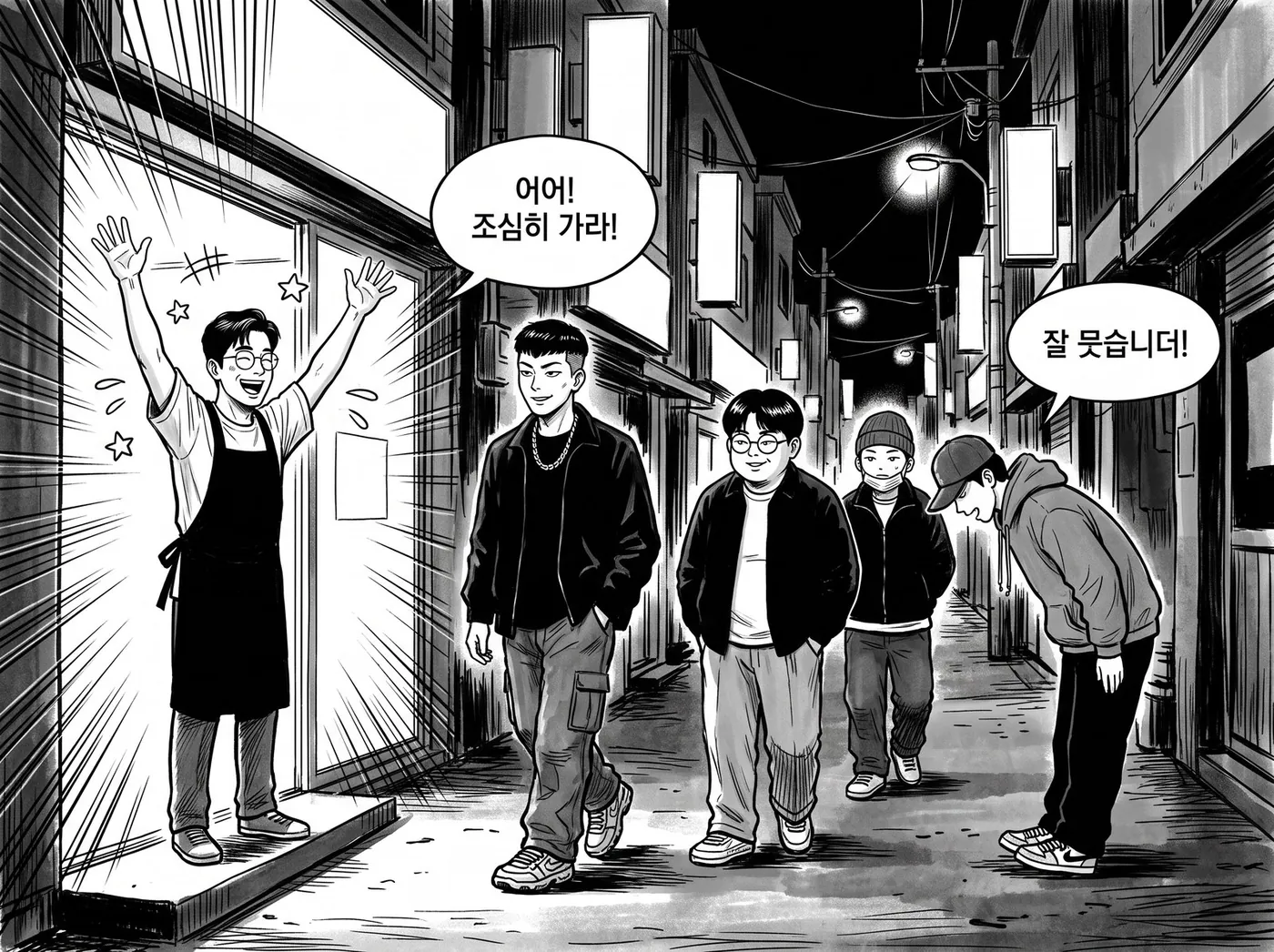 밤 골목, 정우진이 가게 앞에 나와 두 팔을 들고 돌아가는 손님들을 배웅한다