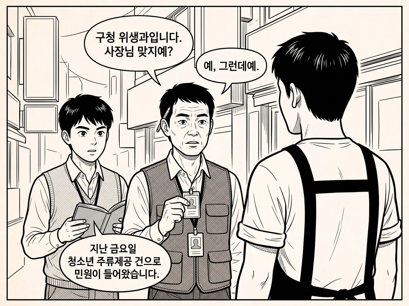구청 위생과 주무관이 공무원증을 들어 보이고, 젊은 직원이 수첩을 펴 청소년 주류제공 민원이 들어왔다고 말한다