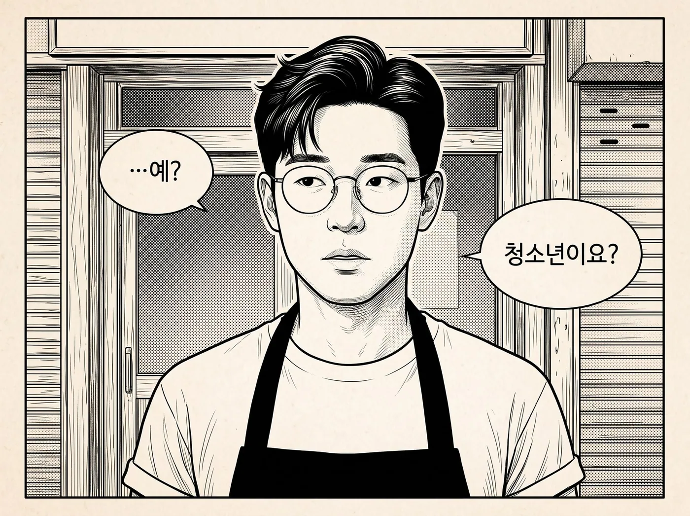 가게 문 앞에 선 정우진의 얼굴이 굳는다 — 청소년이요