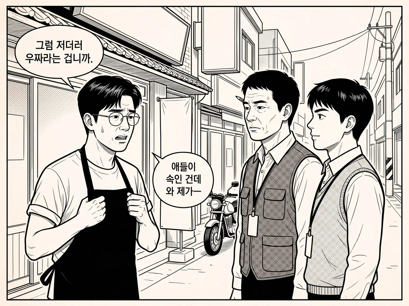 정우진이 앞치마를 움켜쥐고 항변하지만 주무관 두 사람은 표정 없이 듣고 있다 — 애들이 속인 건데