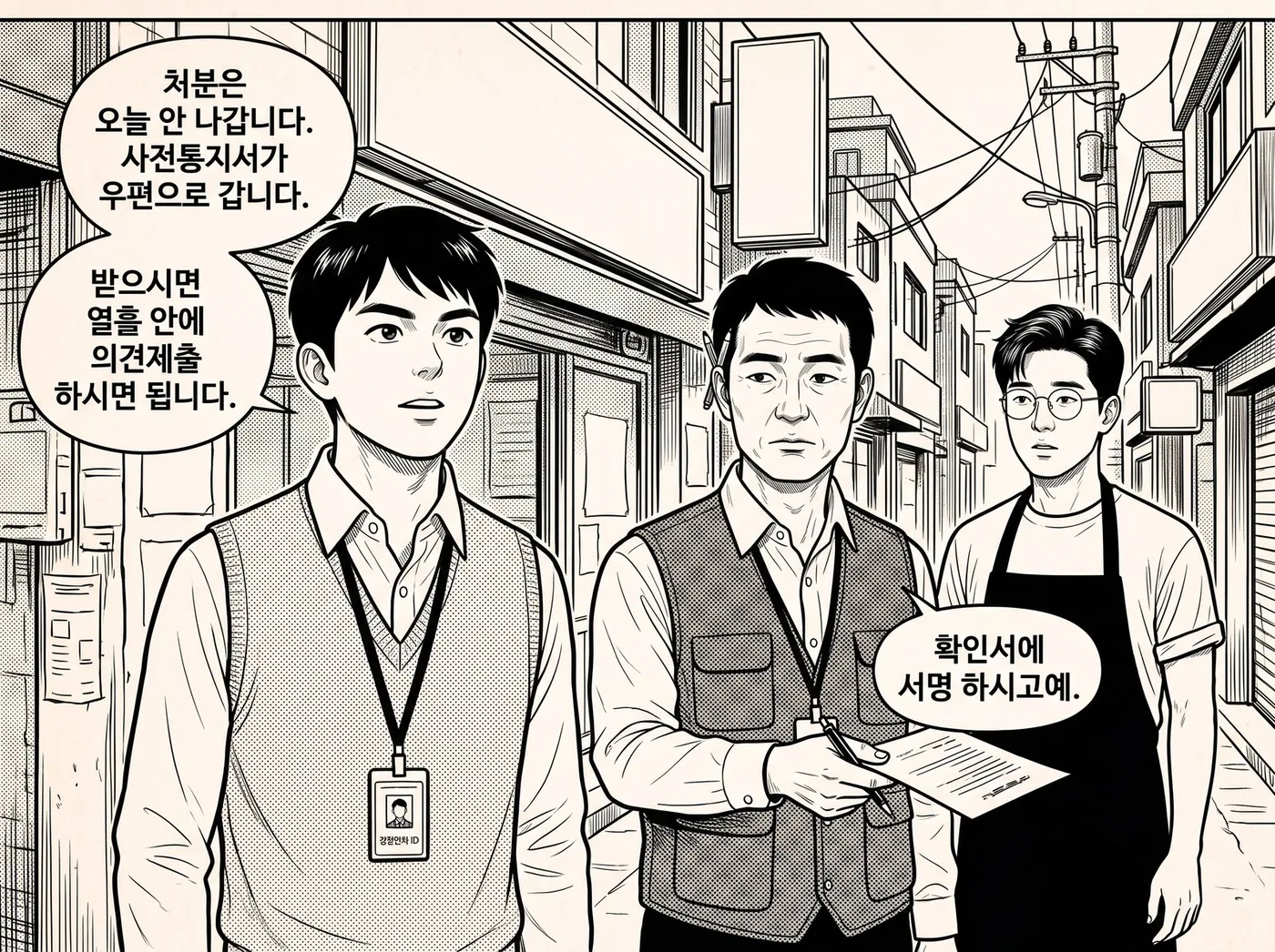 젊은 주무관이 사전통지서가 우편으로 가고 받으면 열흘 안에 의견제출을 하면 된다고 안내하고, 나이 든 주무관은 현장 확인서에 서명을 청한다