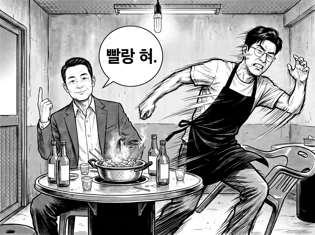 송재만이 엄지로 문을 가리키며 서두르라고 하자 정우진이 의자를 넘어뜨리며 뛰쳐나간다