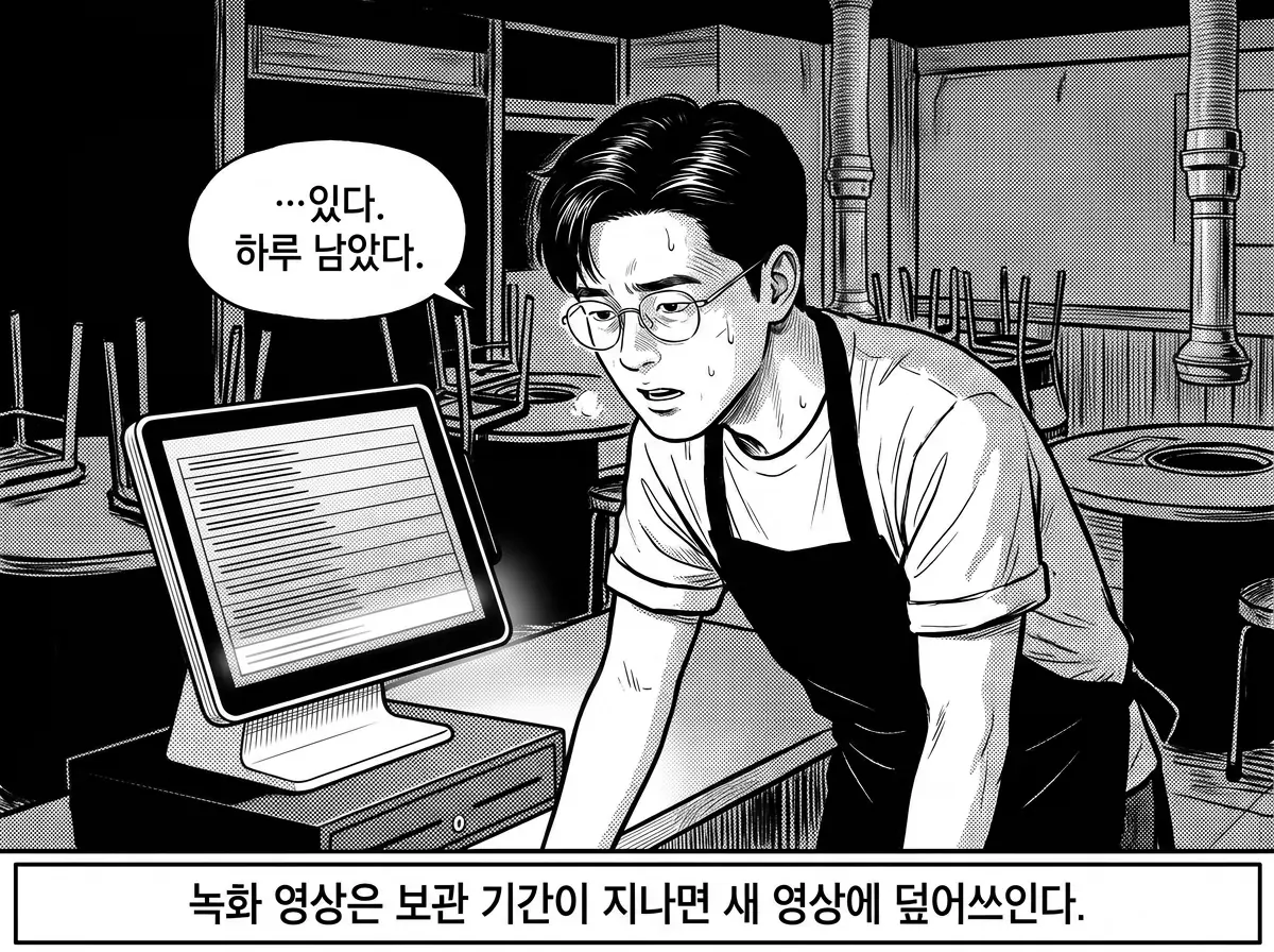 불 꺼진 고깃집에서 CCTV 녹화 목록을 확인한 정우진이 그날 영상이 하루 남아 있음을 발견한다