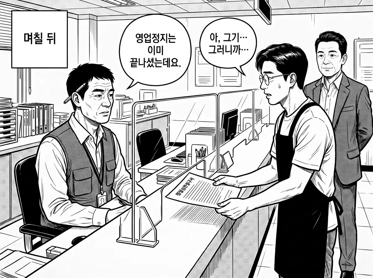 며칠 뒤 구청 위생과 창구에서 조 주무관이 행정심판청구서를 내미는 정우진에게 영업정지는 이미 끝났다고 말한다