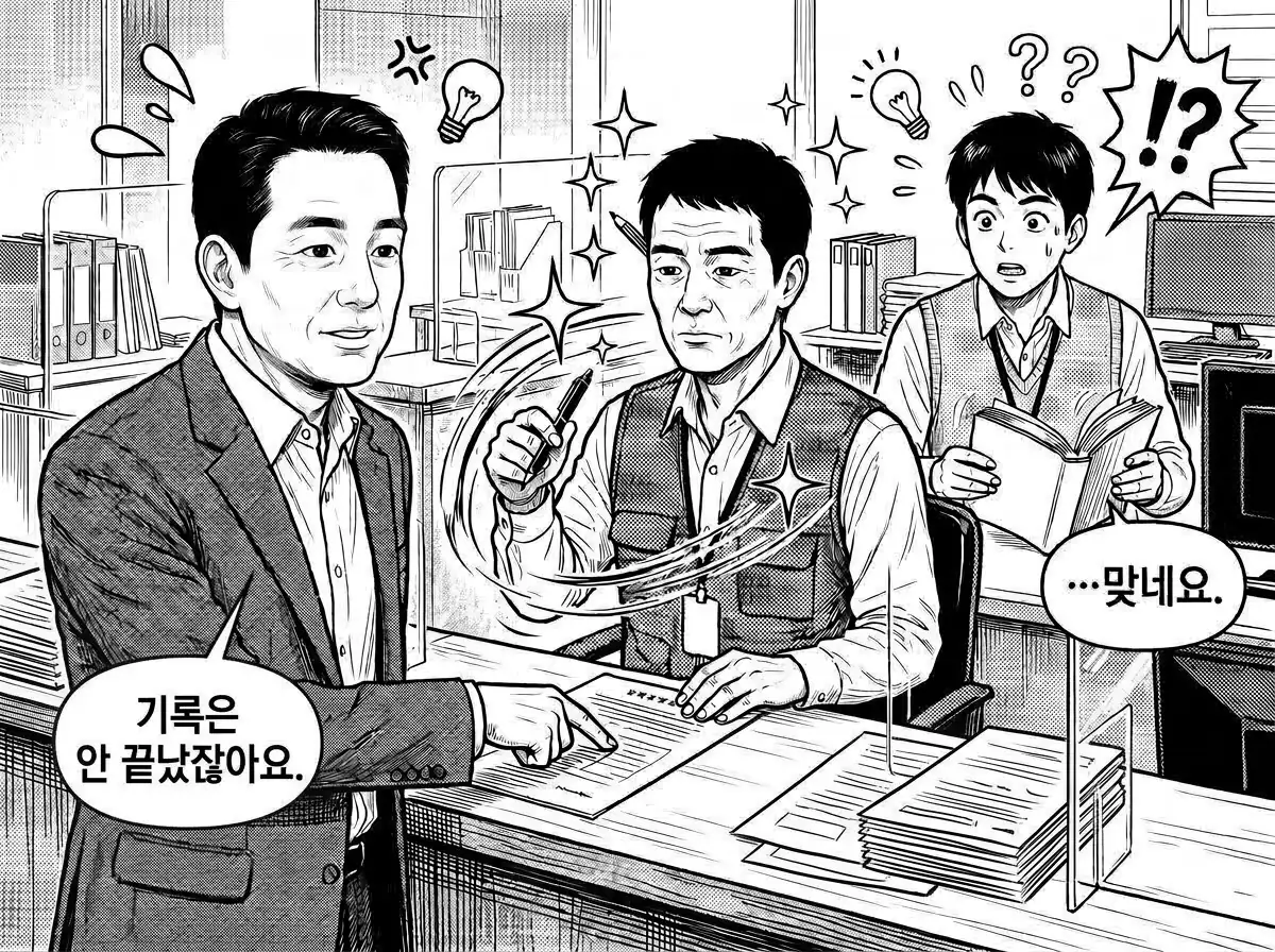 송재만이 청구서를 짚으며 기록은 끝나지 않았다고 말하자, 조 주무관이 귀에 꽂은 볼펜을 뽑아 들고 박 주무관이 수긍한다