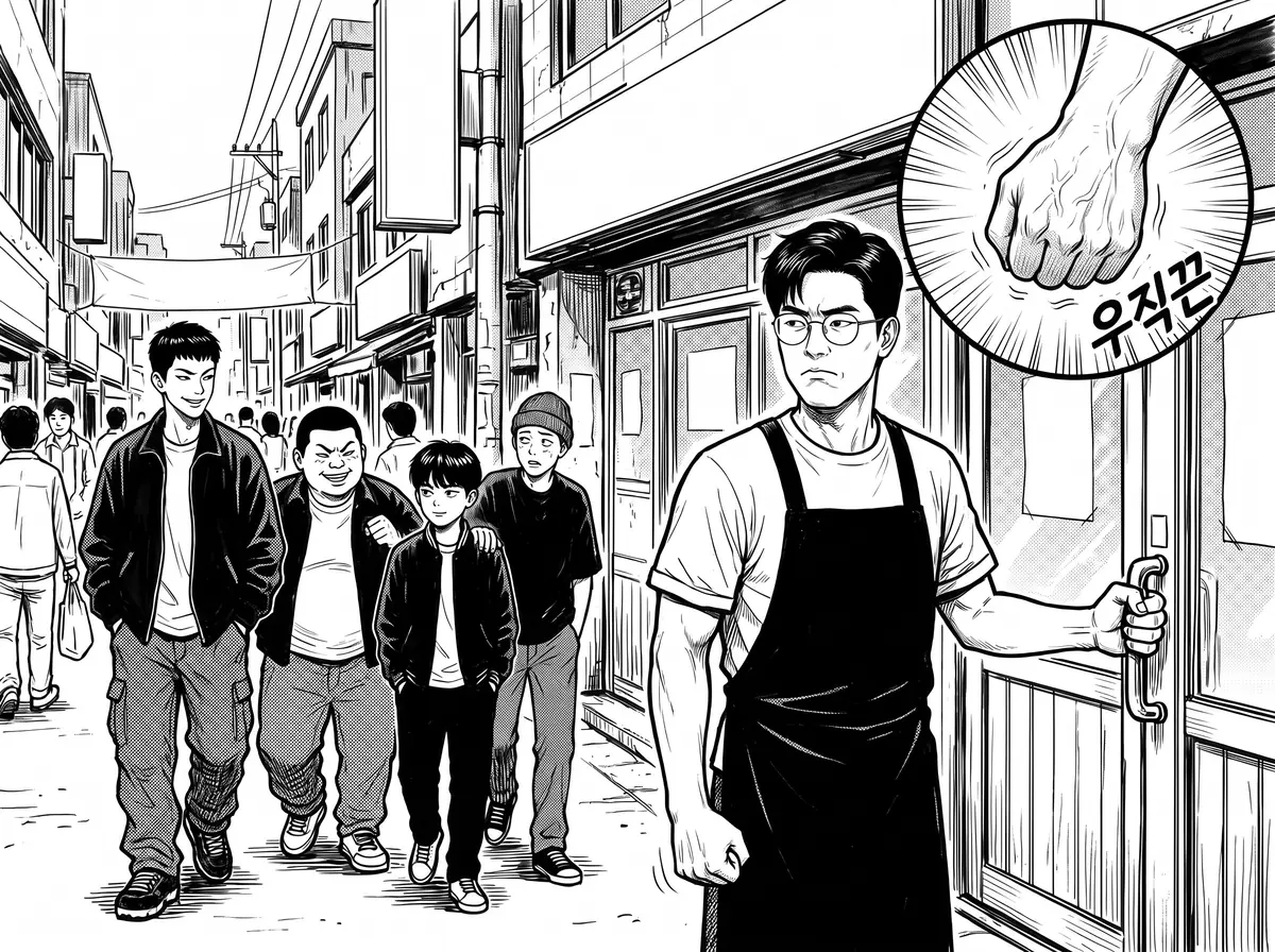 가게 문 손잡이를 잡은 정우진 앞을 그날의 고등학생 넷이 낄낄대며 지나가고, 확대된 그의 주먹이 우직끈 소리를 내며 쥐어진다