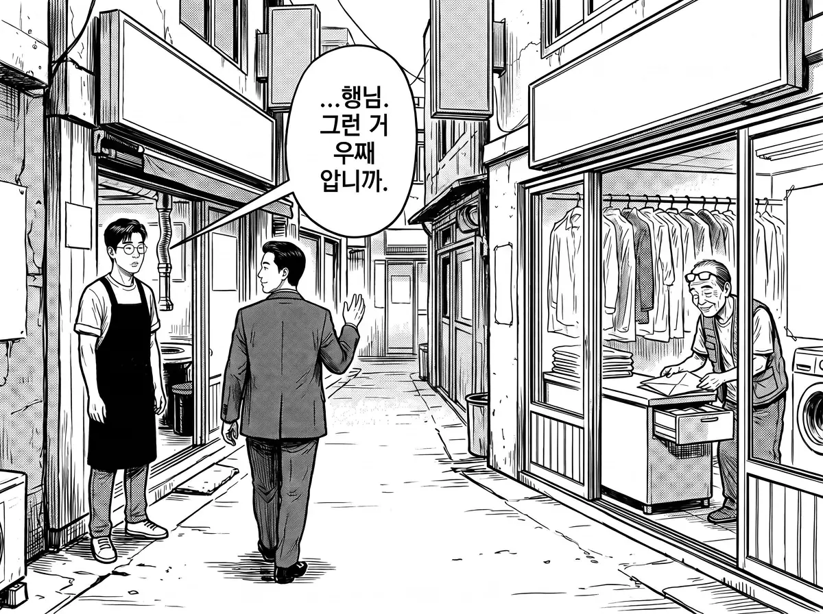 떠나는 송재만의 뒷모습을 정우진이 처음으로 행님이라 부르며 그런 걸 어떻게 아느냐고 묻고, 길 건너 세탁소에서는 배창수가 우편물을 서랍에 넣고 있다