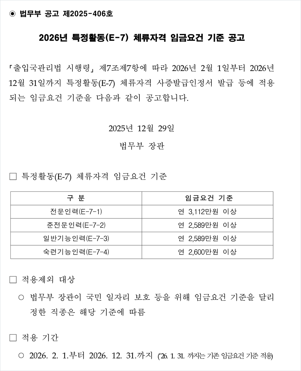 2026년 특정활동 E-7 체류자격 임금요건 기준을 자격별로 정한 법무부 공고 제2025-406호 본문