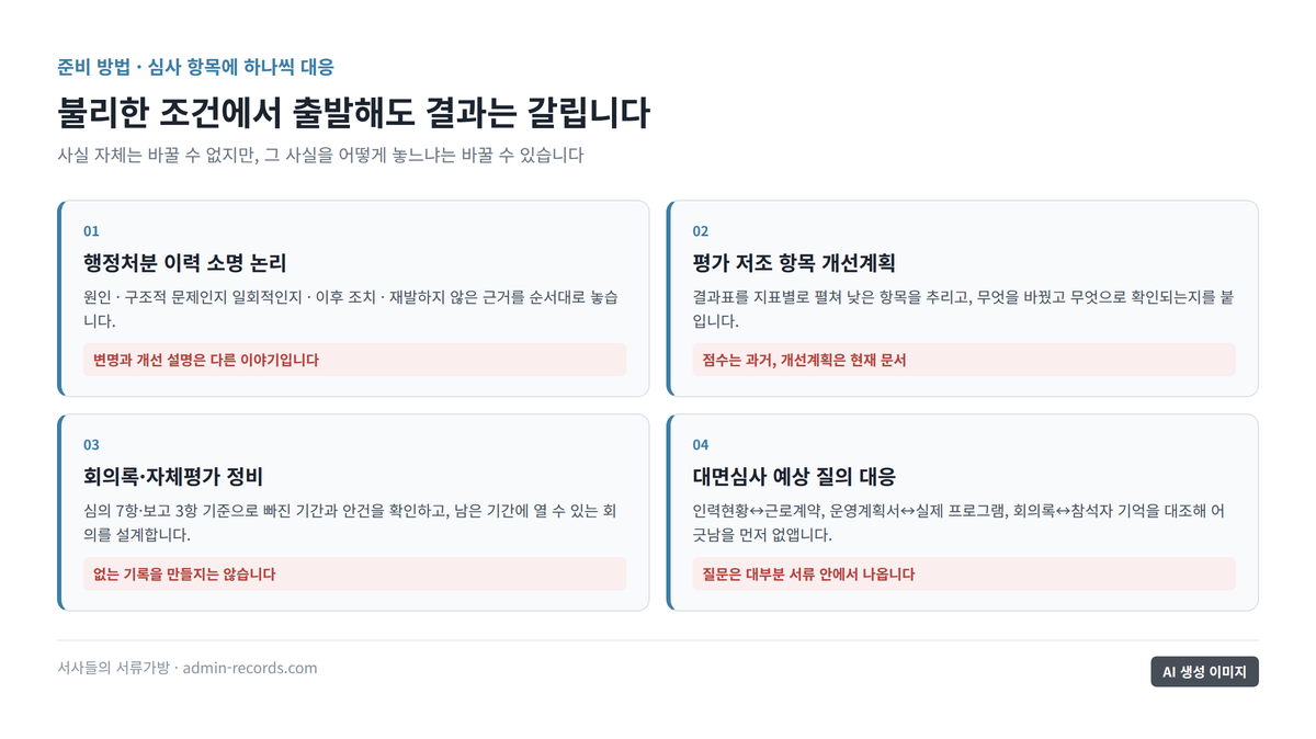 준비 방법 네 가지를 카드 형태로 정리한 도표 — 처분 이력 소명, 개선계획, 회의록 정비, 대면심사 대응