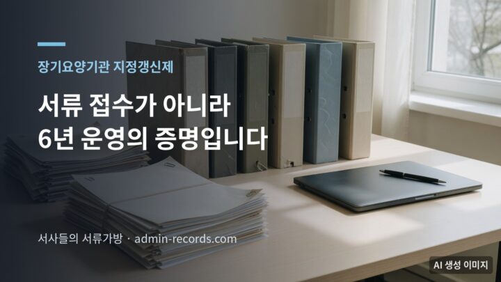 창가 책상에 여러 권의 바인더가 세워져 있고 그 옆에 서류 묶음과 노트북이 놓인 사무 공간