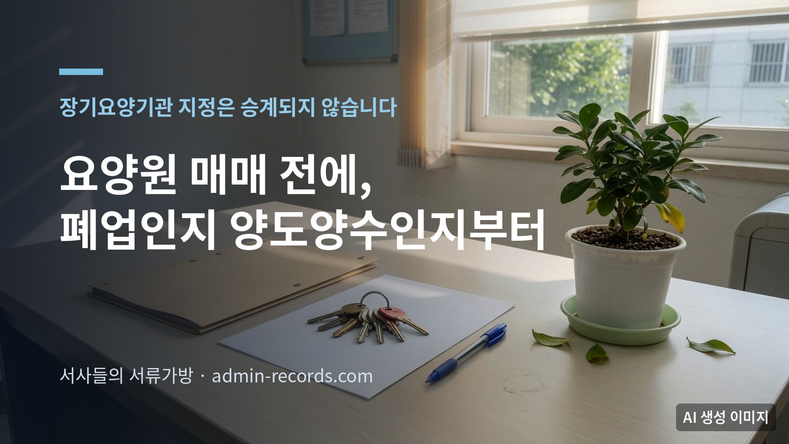 요양시설 사무실 책상에 놓인 서류철과 열쇠 꾸러미, 창가의 화분