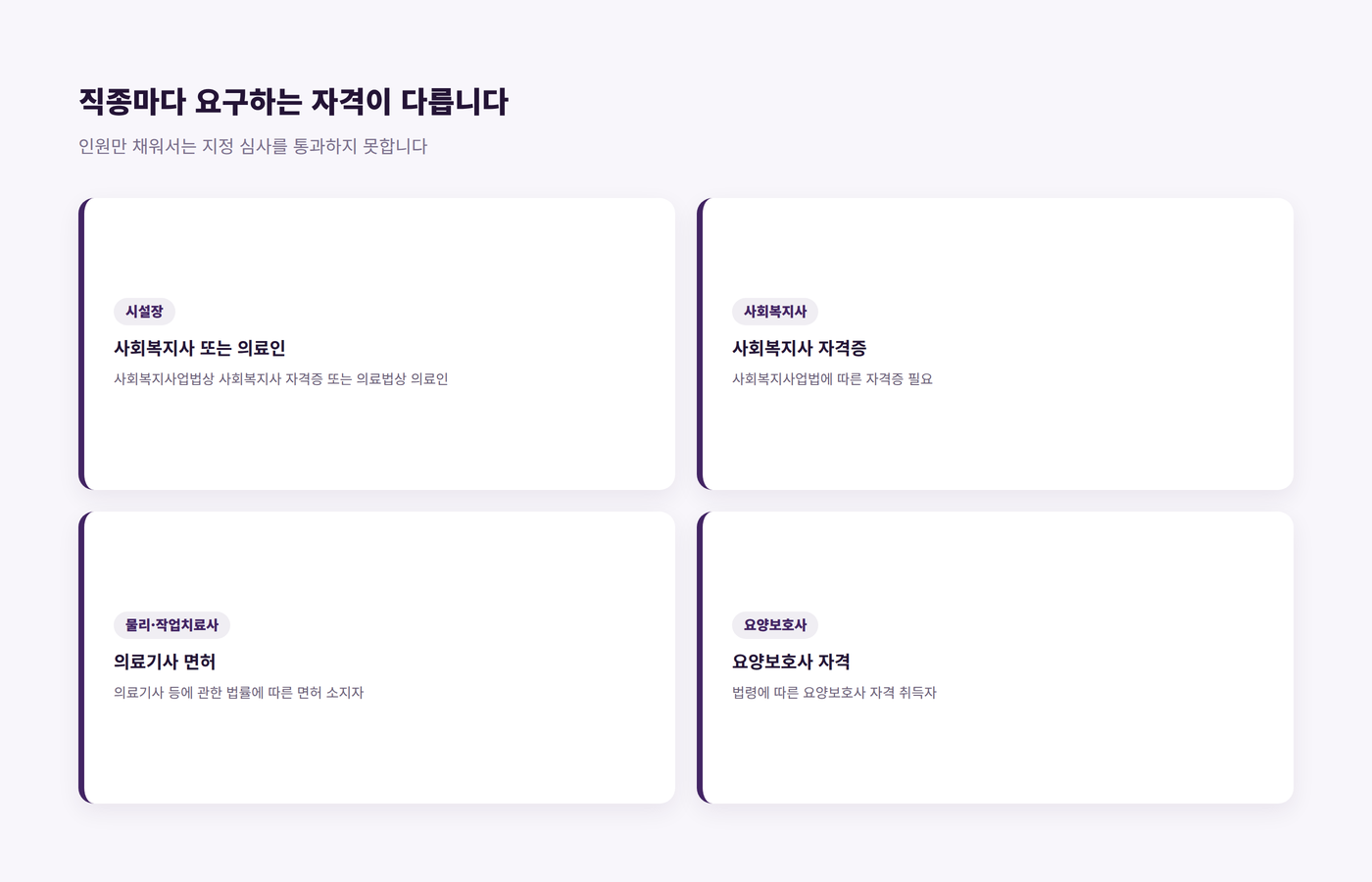 시설장, 사회복지사, 물리작업치료사, 요양보호사 등 직종별로 요구되는 자격요건을 정리한 이미지