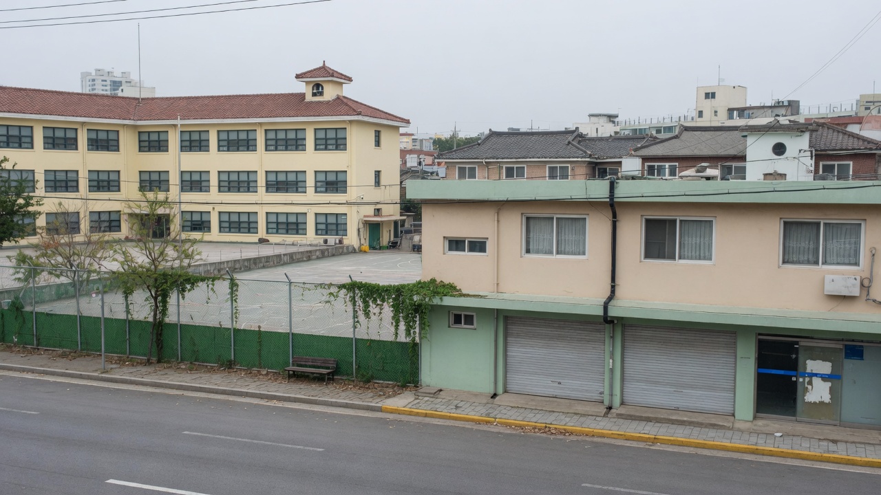 학교 건물과 상업용 건물이 마주 보고 있는 도심 거리