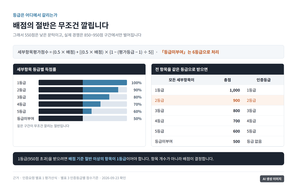 배점의 절반이 기본 점수로 깔리고 나머지 절반이 등급에 따라 차등되는 구조와 등급별 득점률을 나타낸 도표