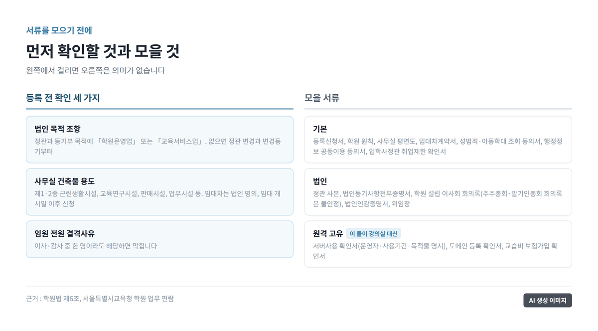 등록 전 확인할 세 가지와 기본·법인·원격 고유·등록 후 서류 묶음을 정리한 도표