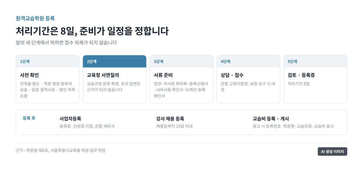 원격교습학원 등록의 사전 확인부터 서면질의, 서류 준비, 접수, 등록 후 절차까지를 여섯 단계로 나타낸 흐름 도표