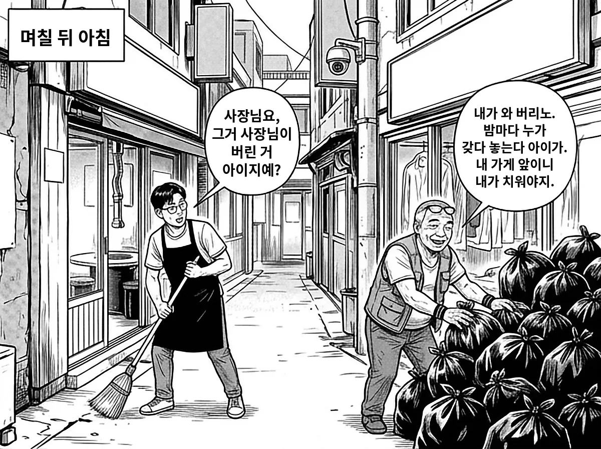 며칠 뒤 아침, 고깃집 앞을 쓸던 정우진이 맞은편 세탁소 앞 쓰레기 봉투 더미를 치우는 배창수에게 그가 버린 게 아니냐고 묻는다