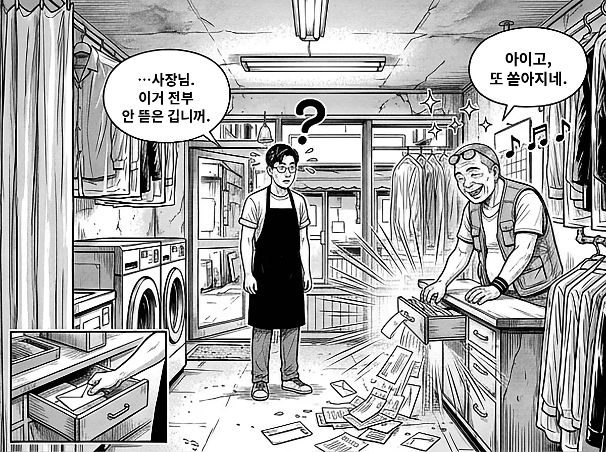 배창수가 카운터 서랍을 열자 안 뜯은 우편물이 쏟아지고, 서랍에 통지서를 넣어 두었던 자기 모습을 떠올린 정우진이 굳는다