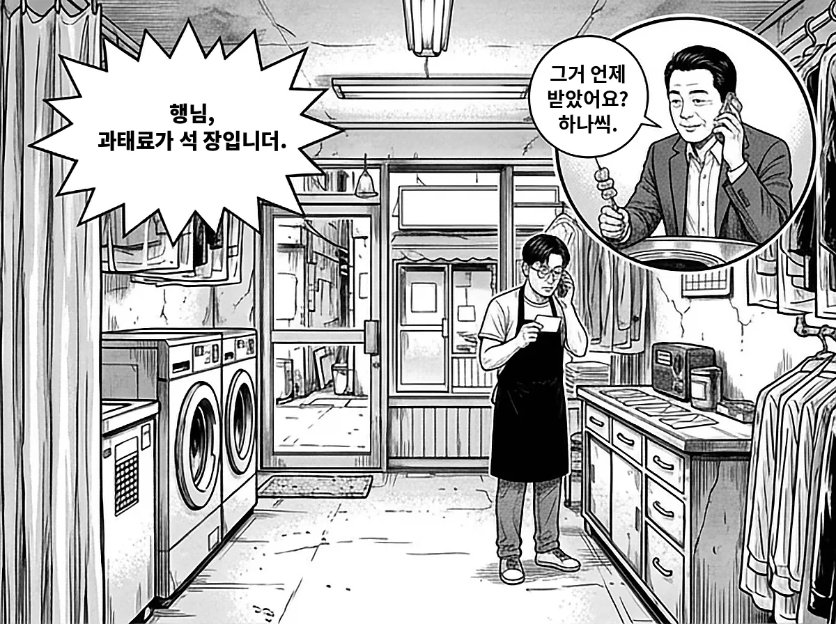 세탁소 카운터 앞에서 정우진이 송재만의 명함을 들고 전화로 과태료가 석 장이라고 알리자, 대폿집에서 어묵 꼬치를 든 송재만이 언제 받았는지 하나씩 묻는다