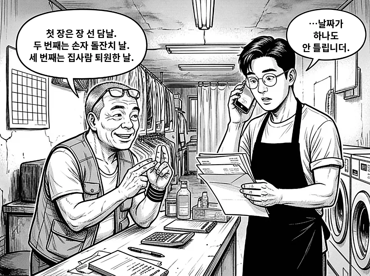 배창수가 장 선 다음 날, 손자 돌잔치 날, 아내 퇴원한 날로 고지서 받은 날짜를 하나도 틀리지 않고 짚어 낸다