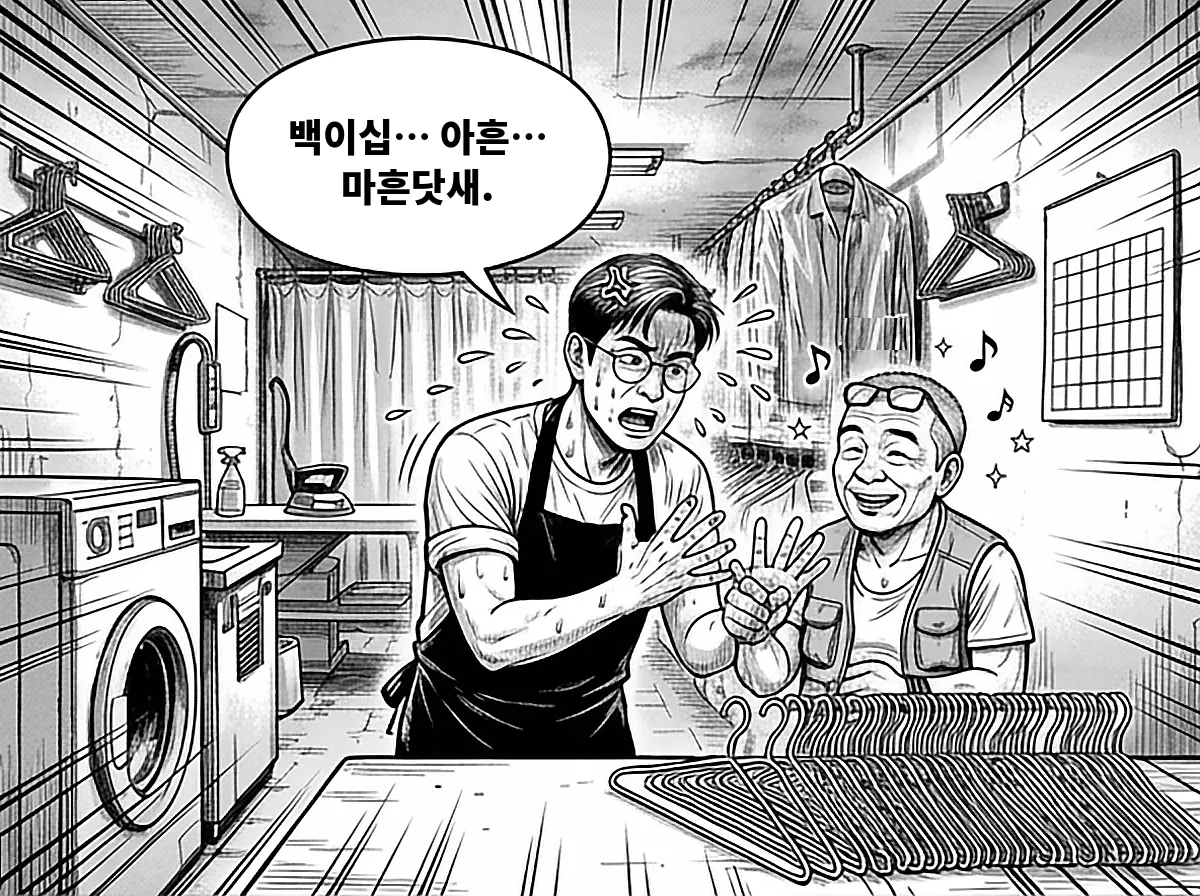 정우진이 손가락이 모자라 배창수의 손가락과 옷걸이까지 늘어놓고 날짜를 센다