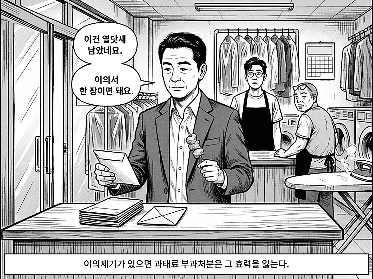 어묵 꼬치를 든 채 세탁소에 들어온 송재만이 세 번째 고지서는 열닷새가 남았으니 이의서 한 장이면 된다고 말한다