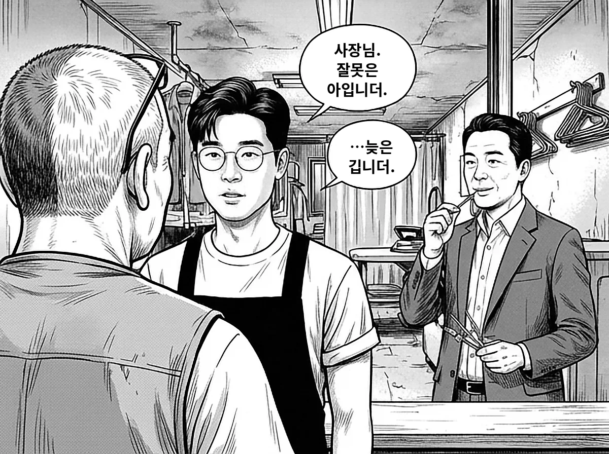 정우진이 배창수에게 잘못한 게 아니라 늦은 것이라고 조용히 말하고, 뒤에서 송재만이 그 말을 듣는다