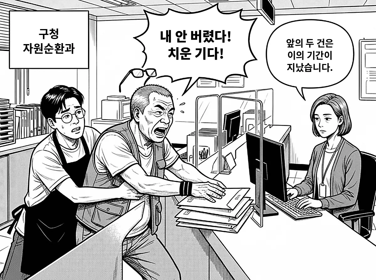 구청 자원순환과 창구에 고지서를 내려놓으며 외치는 배창수를 정우진이 붙잡고, 하 주무관은 앞의 두 건은 기간이 지났다고 담담하게 답한다