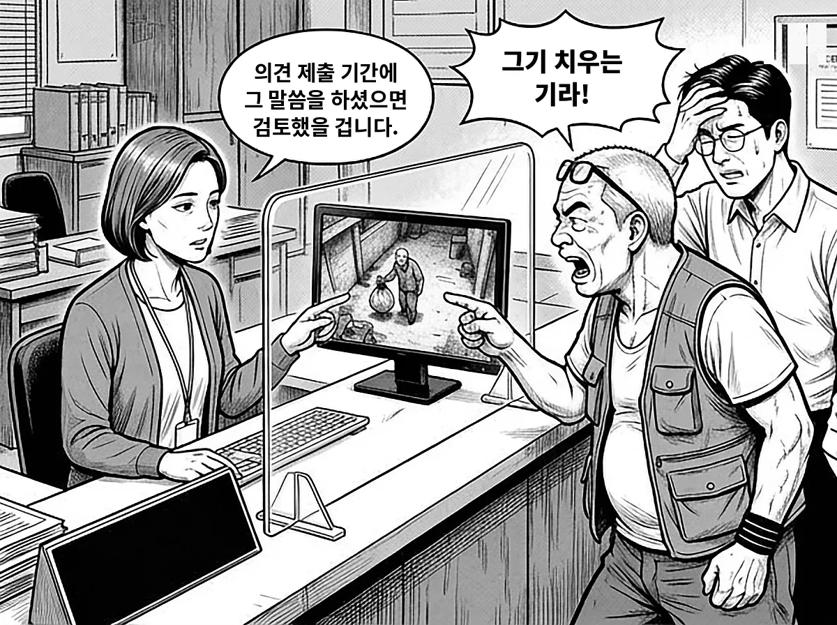 하 주무관이 단속 CCTV 화면을 보여 주자 배창수가 치우는 장면이라고 항변한다