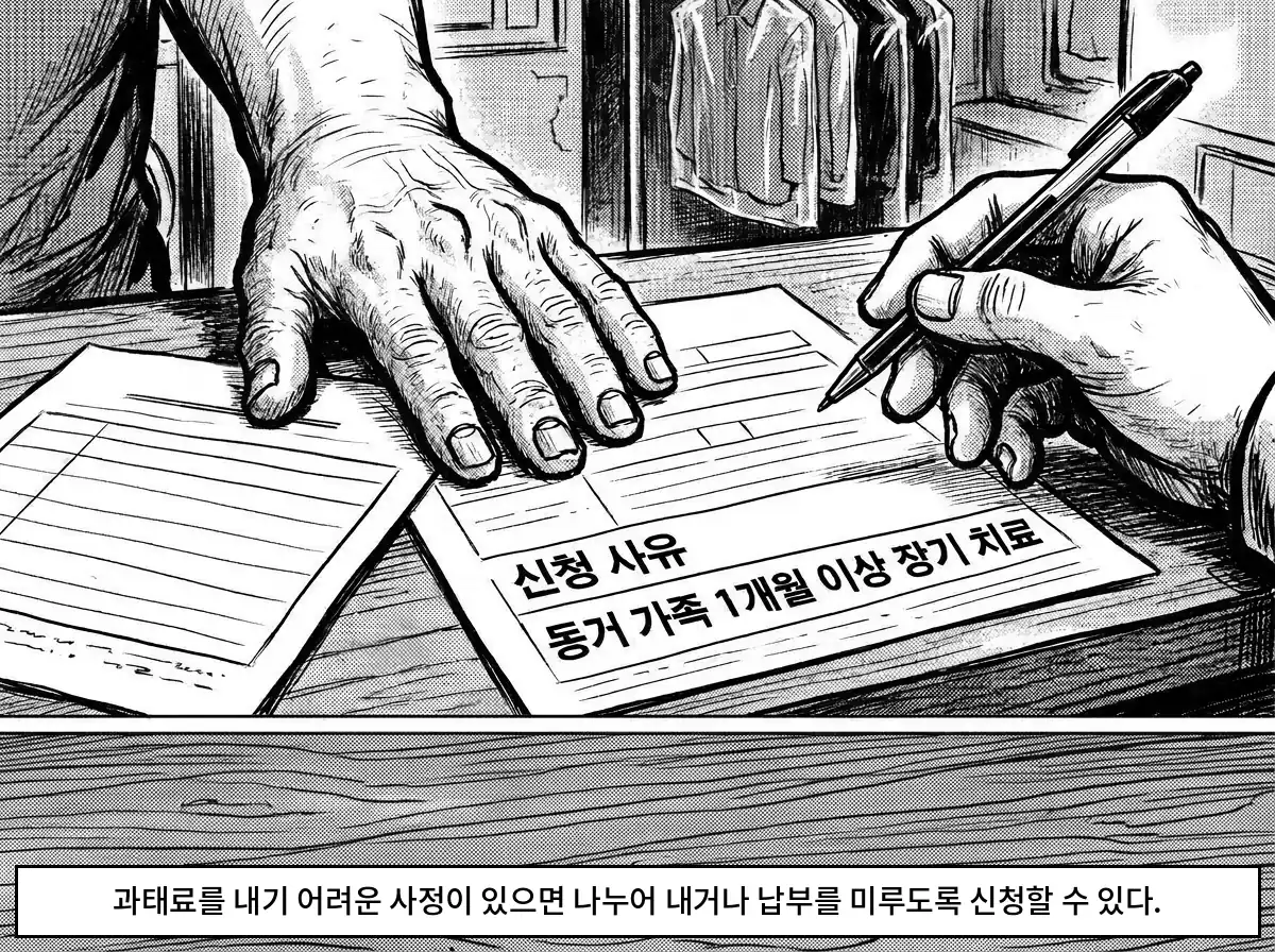 배창수의 손 옆에서 분할납부 신청서의 신청 사유란에 동거 가족 1개월 이상 장기 치료가 적힌다