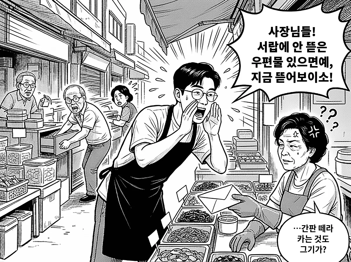 다음 날 시장에서 정우진이 안 뜯은 우편물을 열어 보라고 외치자 반찬가게 아주머니가 간판을 떼라는 봉투를 내민다