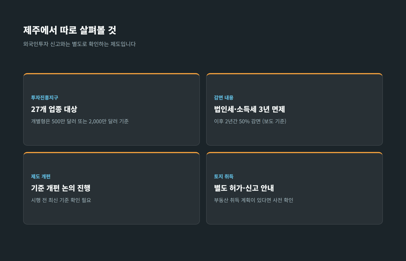 제주 투자진흥지구 업종과 기준, 세금 감면, 제도 개편 논의, 외국인 토지 취득 안내를 정리한 이미지