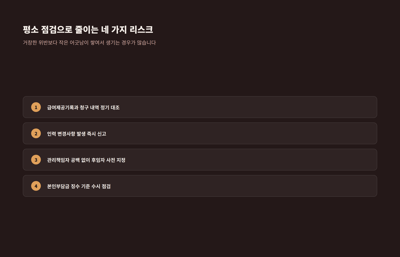급여제공기록 대조, 인력 변경신고, 관리책임자 공백 방지, 본인부담금 점검 네 가지 예방 체크리스트 이미지